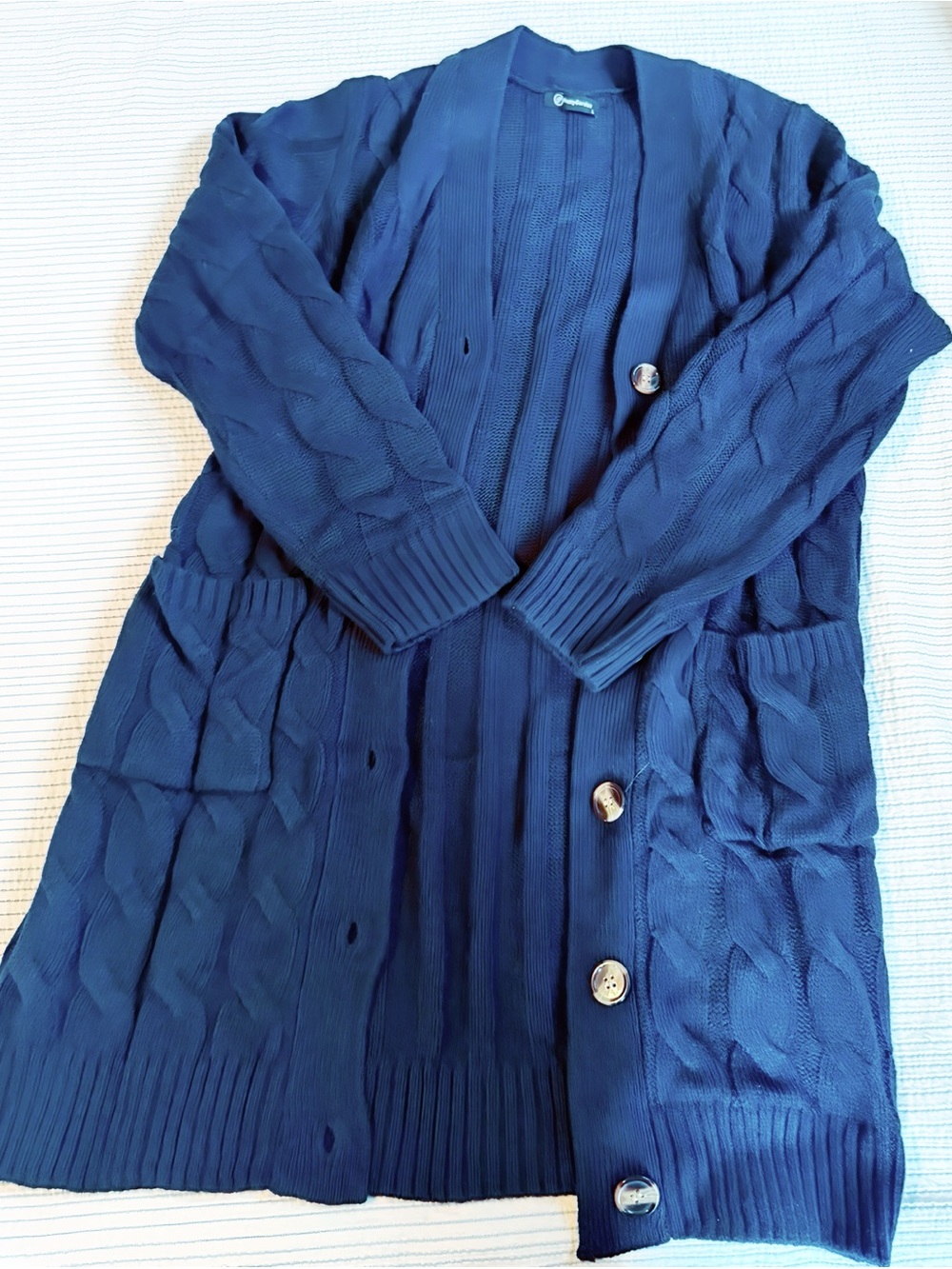 Long Navy Cable-Knit Button Cardigan